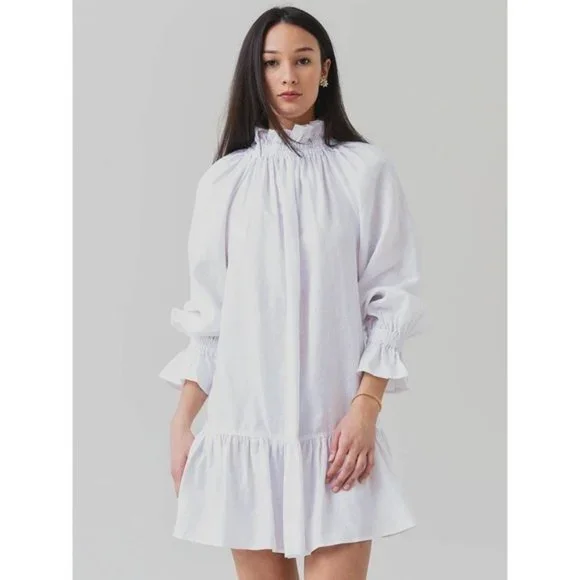 chinese dress ladies Petite Amalie White/Pink Embroidered Sleeve Linen Smock Dress  Ladida
